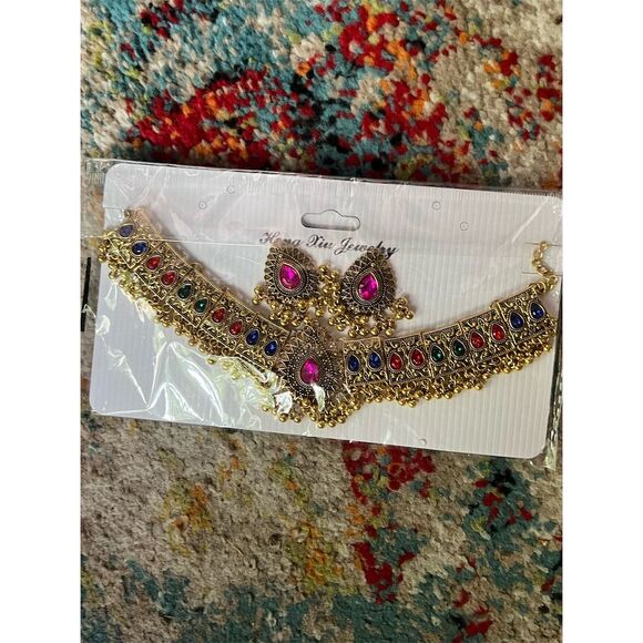 Traditional Indian Jewelry Set Necklace & Earrings Multicolored Stones - Picture 3 of 8